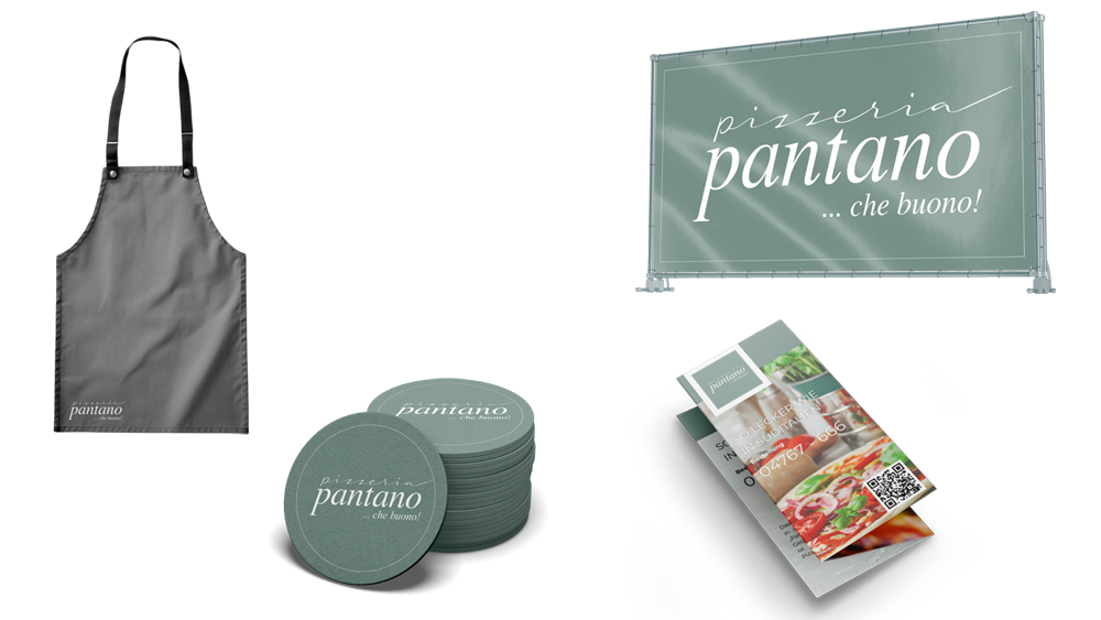 Werbeausstattung für Pizzeria Pantano mit Schürze, Banner, Bierdeckeln und Flyer.