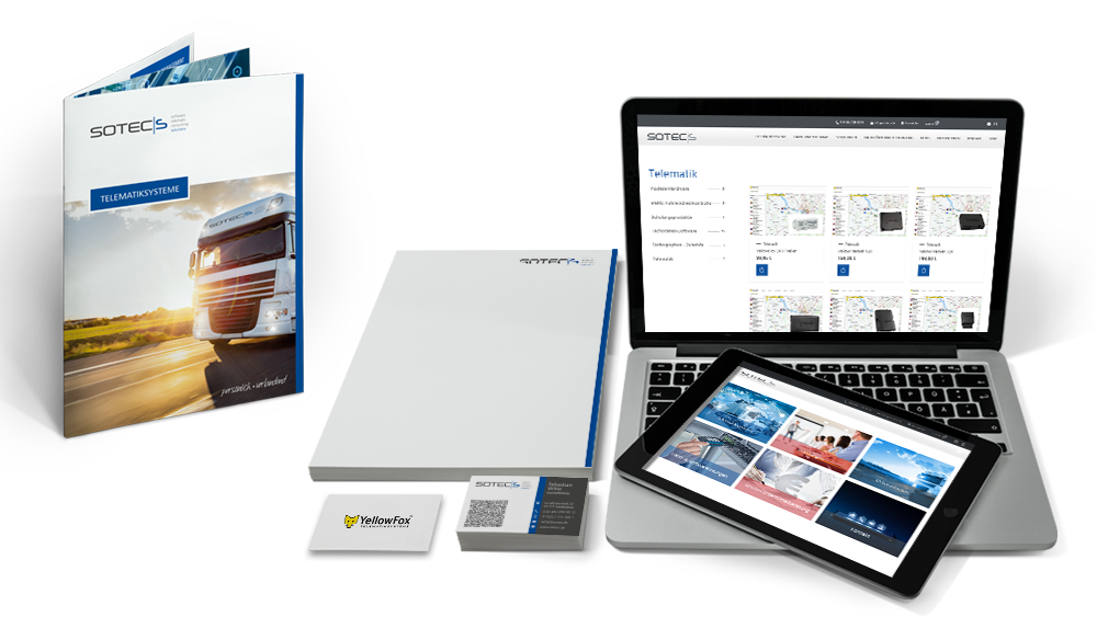Unternehmensauftritt für sotecs mit Broschüre, Schreibblock, Visitenkarte und Website auf Laptop und Tablet.